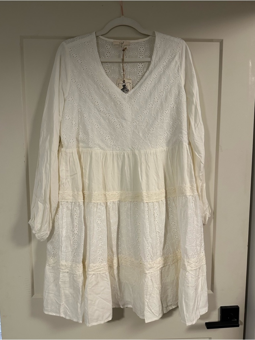 Women's White Eyelet Tiered V-Neck Dress